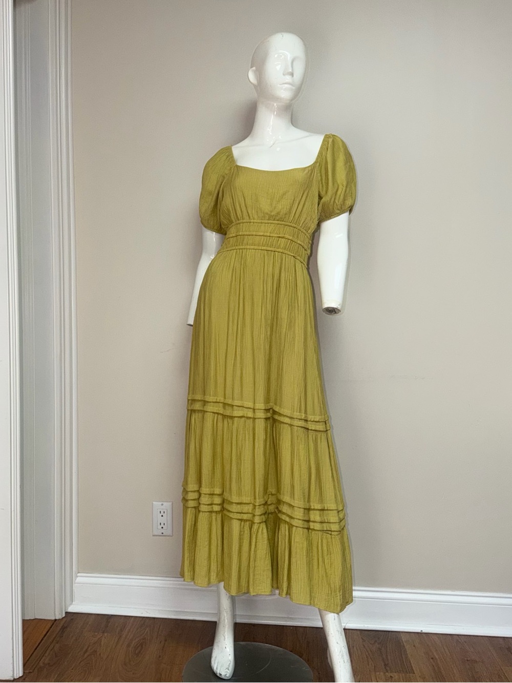 Max + Ash Yellow Green Crinkle Maxi Dress Tiered Smocked Fairy Cottagecore Large